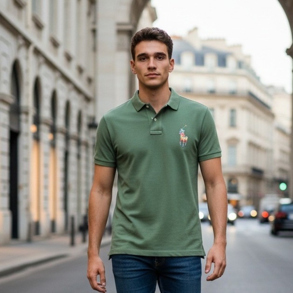 Polo Ralph Lauren L Mens Custom Slim Fit Green Polo Shirt NWT $110 *DEFECT*